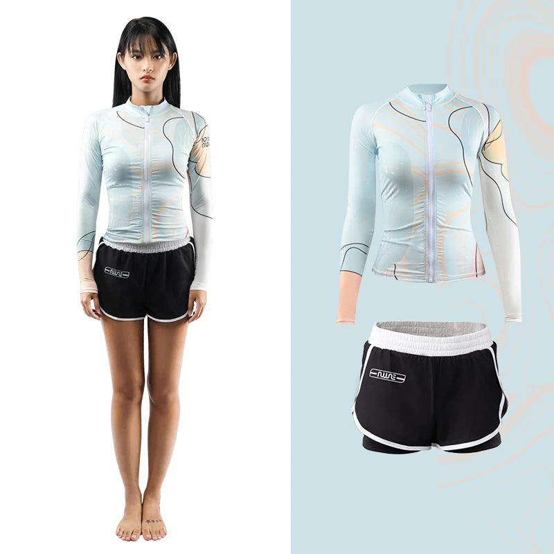 Nu-June Rash Guard Women's Long Sleeve Zipper Surfing Suit, Sun Protection, Quick Dry Bathing Suit, Front Zipper Swimsuit