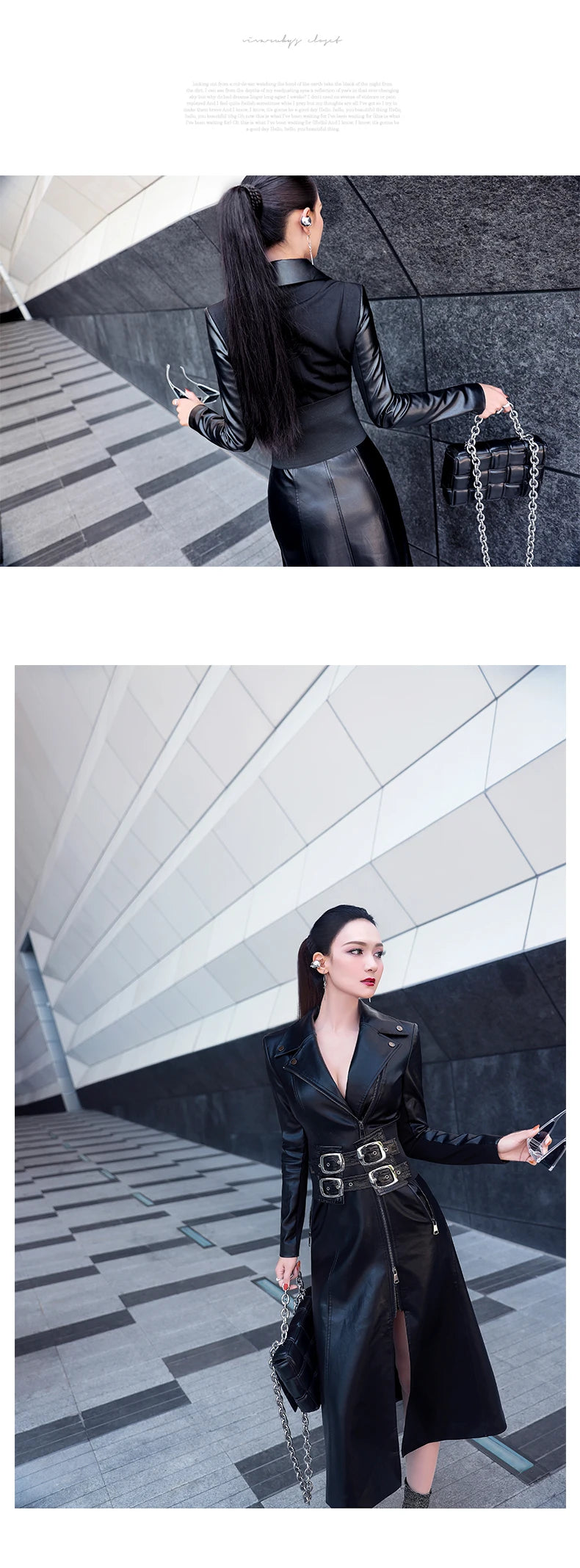 Lautaro Spring black maxi leather dress women long sleeve zipper corset Long tight dress Faux Leather dresses for women 2022