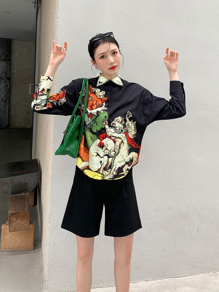 CHEERART Designer Black Long Sleeve Button Up Shirt Women Print High Fashion 2021 Collared Summer Top And Blouse Aesthetic Shirt
