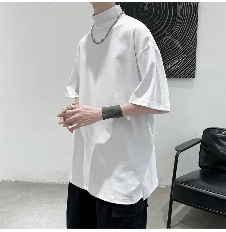 Streetwear Turtleneck Men Tshirt Solid Hip Hop Male Oversized T shirts Man Casual Short Sleeve Top Tees Black/White/Purple