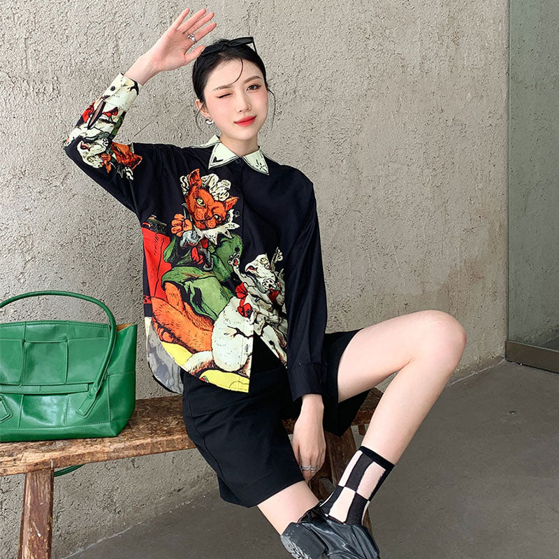 CHEERART Designer Black Long Sleeve Button Up Shirt Women Print High Fashion 2021 Collared Summer Top And Blouse Aesthetic Shirt