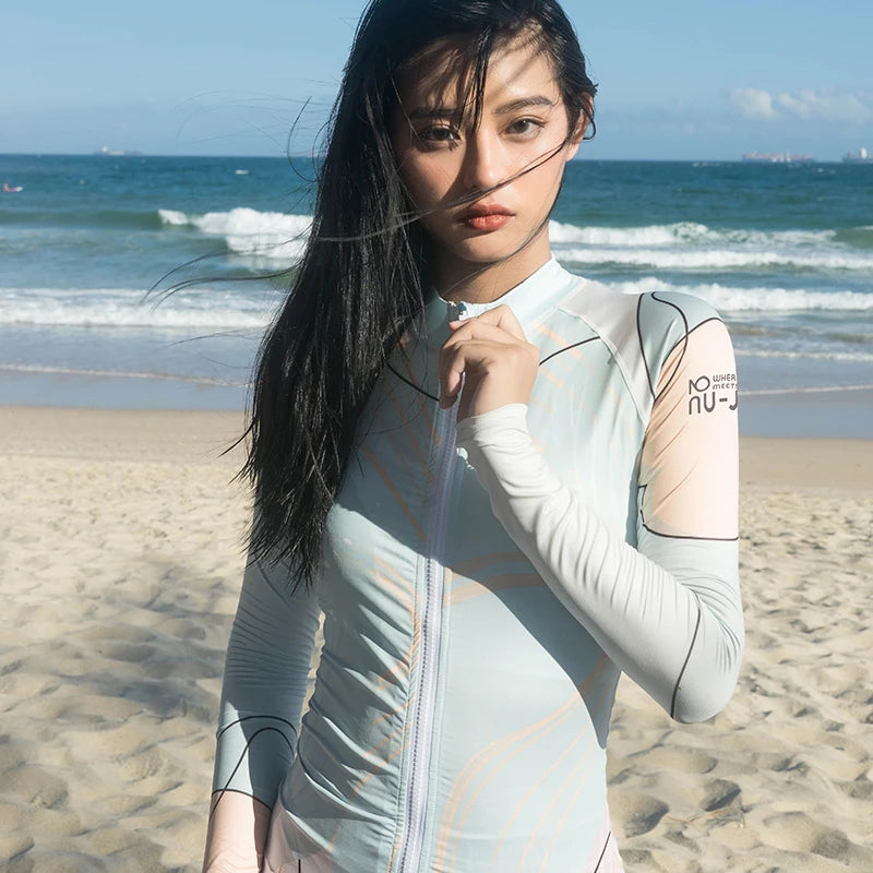 Nu-June Rash Guard Women's Long Sleeve Zipper Surfing Suit, Sun Protection, Quick Dry Bathing Suit, Front Zipper Swimsuit