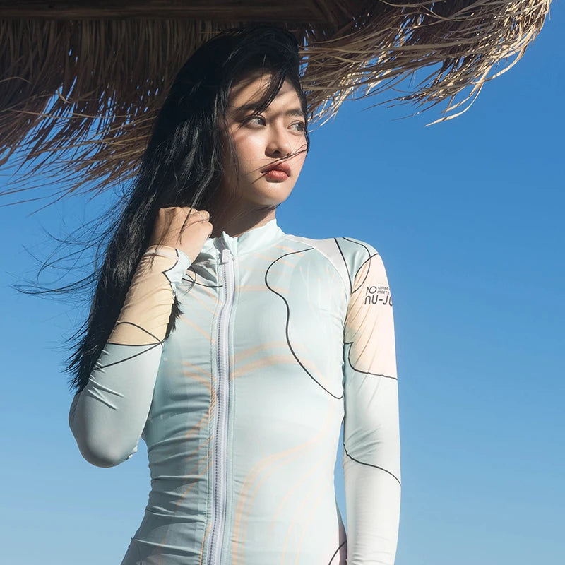 Nu-June Rash Guard Women's Long Sleeve Zipper Surfing Suit, Sun Protection, Quick Dry Bathing Suit, Front Zipper Swimsuit