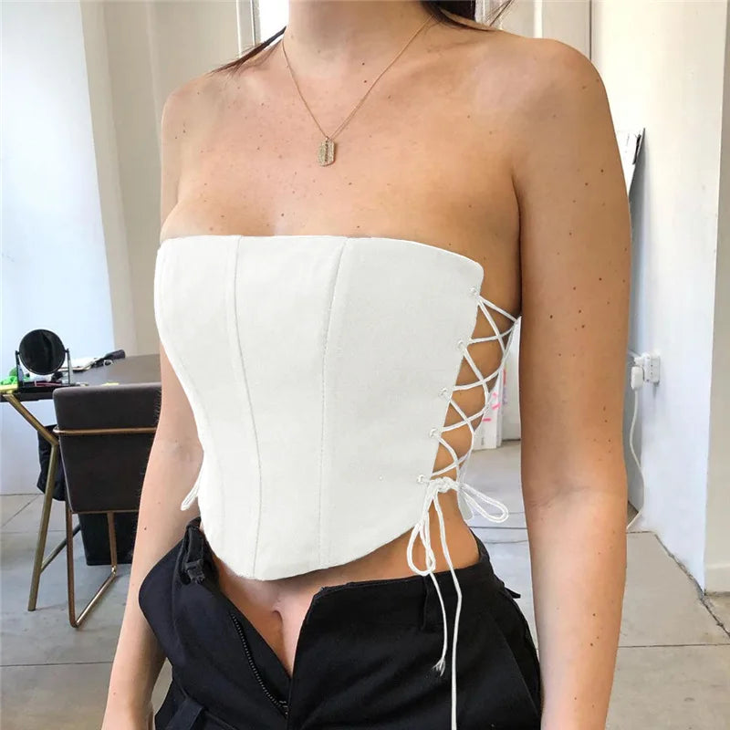 Off Shoulder Strapless Lace Up Sexy Bustier Corset Crop Tops for Women Black Sleeveless Vest Top Cropped Feminino