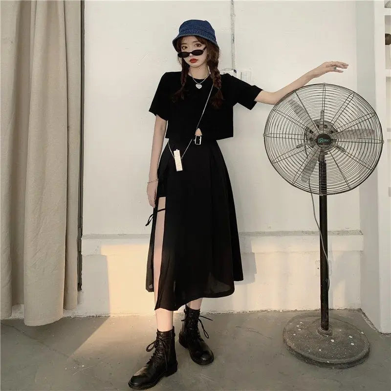 Vintage Dark Gothic High Split Mid-Calf Skirts Women Elegant Fashion Party Club High Waist Femme Bottom Streetwear Goth Skirt