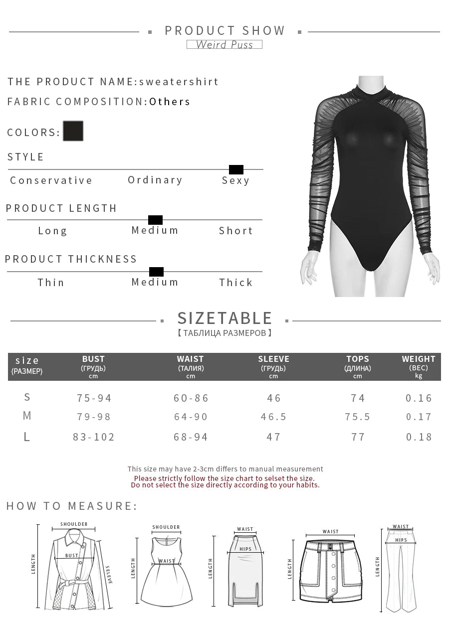 Weird Puss 2025 Mesh Patchwork Bodysuit Sexy Women Sleeve Ruched Skinny Turtleneck Bodycon Elegant Wild Tops Streetwear Outfits