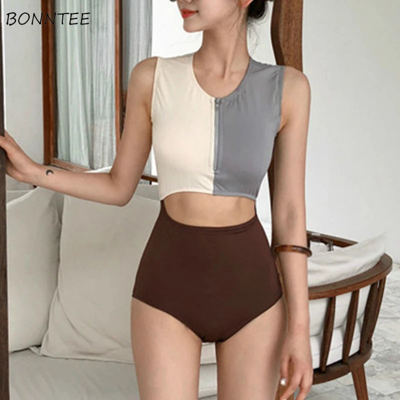 Women Bikini Set Fashion Retro Korean Style Femme One Piece Swimsuit High Waist Sexy Zipper Hollow Out Beach Wear New Swimwear