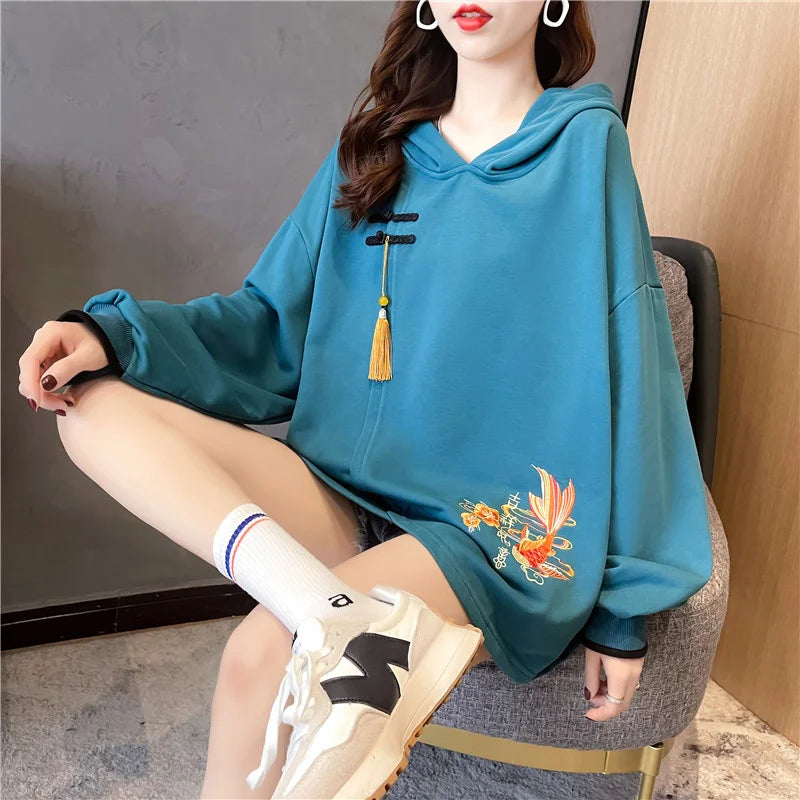 Chinese Style Lucky Carp Embroidery Loose Hoodies Women Drop Shoulder Buckle Tassel Hooded Sweatshirt Female Vintage Clothes