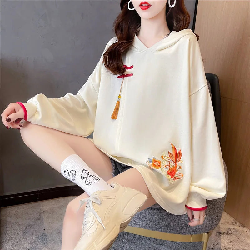 Chinese Style Lucky Carp Embroidery Loose Hoodies Women Drop Shoulder Buckle Tassel Hooded Sweatshirt Female Vintage Clothes
