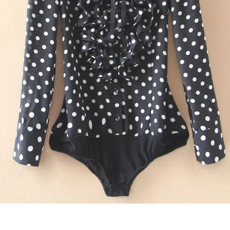 Fashion Polka Dot Print Bodysuit Women Black Body Shirt Long Sleeve Blouses Female Korean Ruffles Jumpsuits Romper Tops 2025 New
