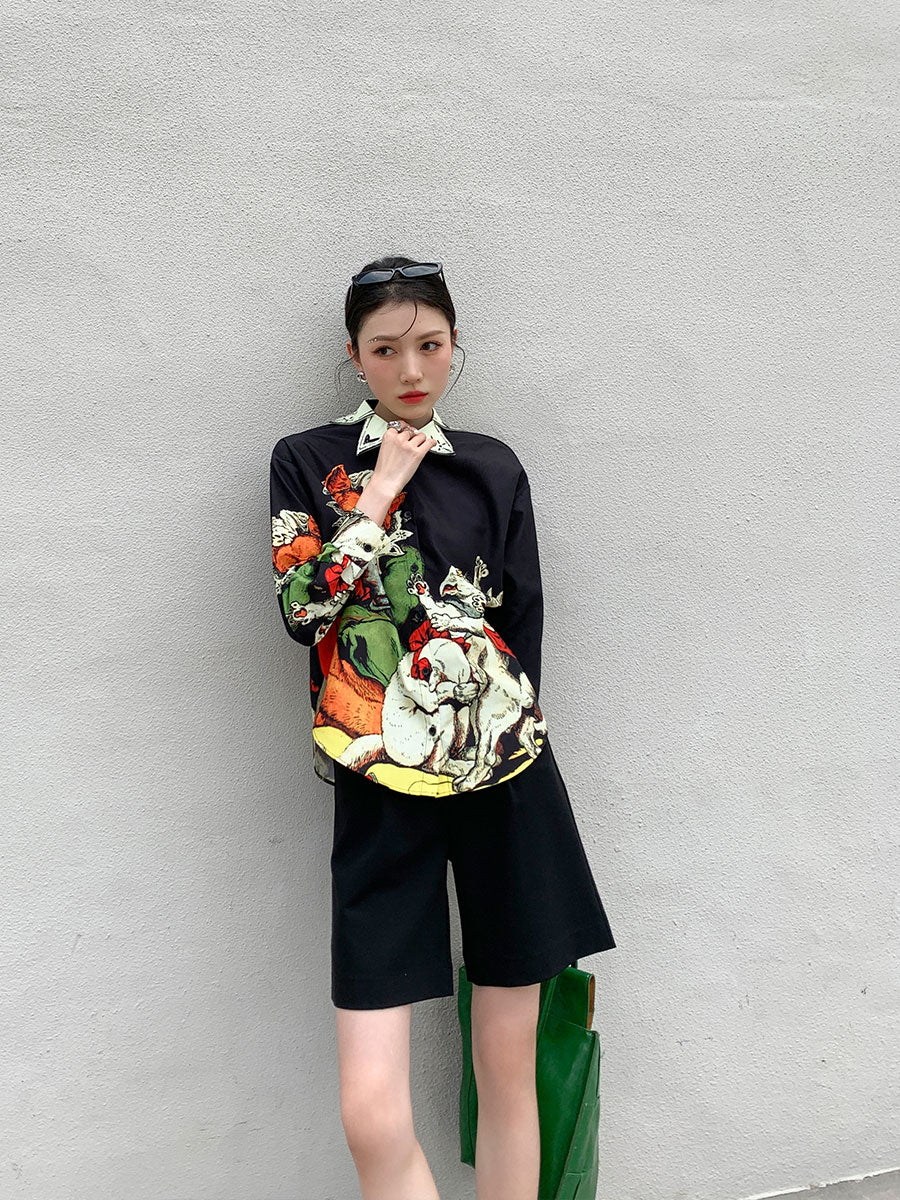 CHEERART Designer Black Long Sleeve Button Up Shirt Women Print High Fashion 2021 Collared Summer Top And Blouse Aesthetic Shirt