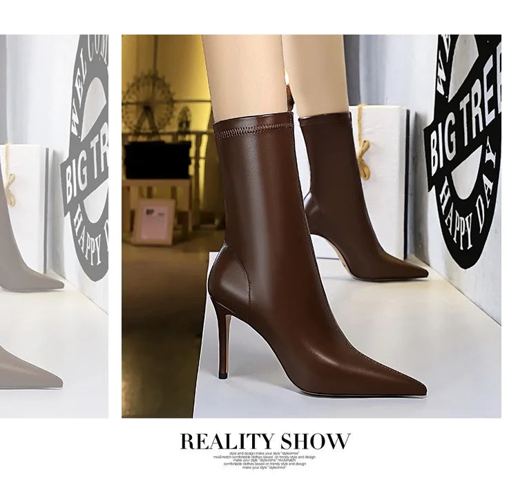 BIGTREE Shoes Leather Boots Women Ankle Boots Autumn Winter Boots Women High Heels Short Boots Ladies Booties Chaussures Femme