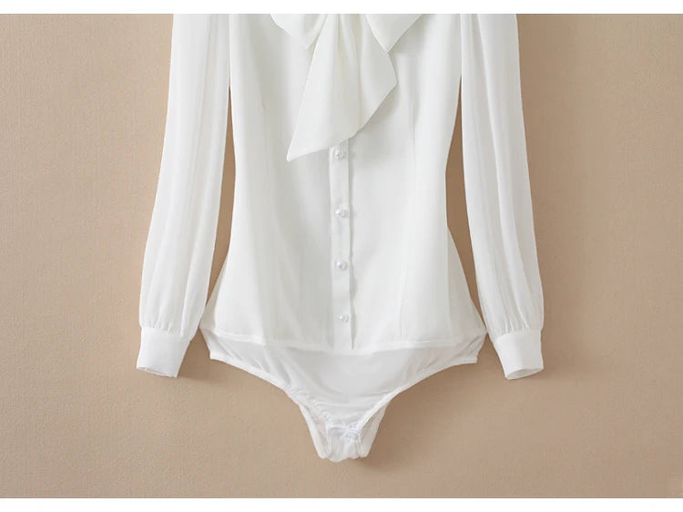 2025 Elegant Chiffon Bodysuit Women Lantern Long Sleeve Bow Tie Neck Office Work Lady Tops and Blouses Female Formal Body Shirt
