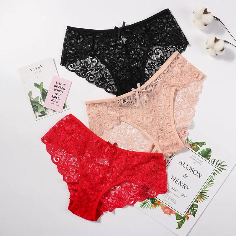 Women's Sexy Lace Panties With Big Size S-XL 5 Colors High-Crotch Transparent Floral Bow Soft Briefs Underwear Lingerie
