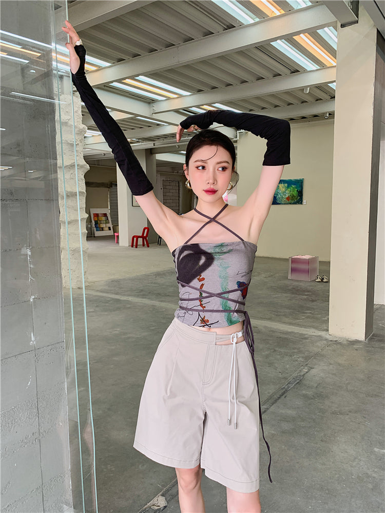 CHEERART Bandage Halter Neck Top Bodycon Backless Strapless Corset Top Women Summer 2021 Print Brown Tube Top Korean Fashion