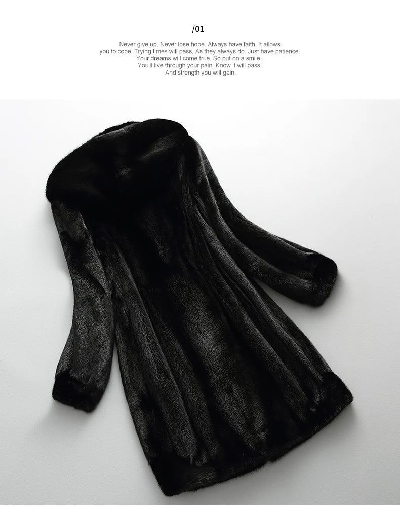 Lautaro Winter Luxury Long Black Faux Mink Fur Coat Women with Hood Long Sleeve Elegant Thick Warm Fluffy Furry Jacket 6xl 7xl