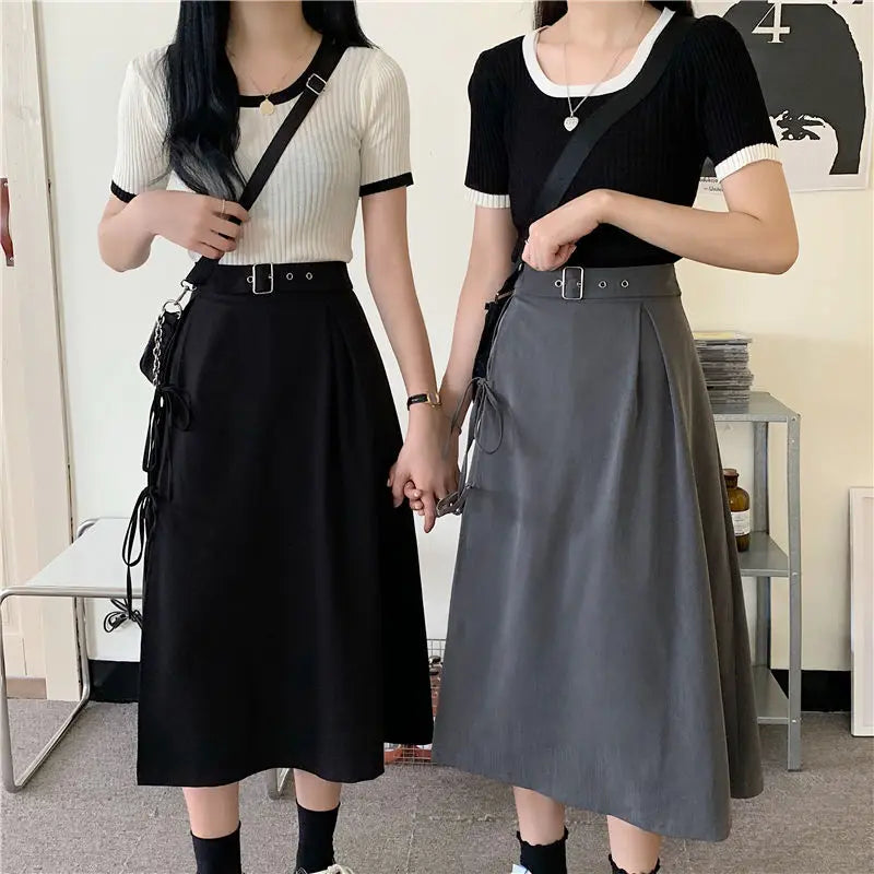 Vintage Dark Gothic High Split Mid-Calf Skirts Women Elegant Fashion Party Club High Waist Femme Bottom Streetwear Goth Skirt