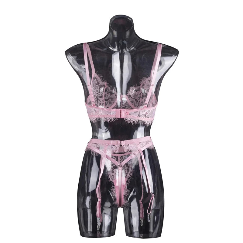 Push up Underwire Bra Set High Quality Sexy Lace Ultra Thin Pink Lingerie Thong and Bra Sets Custom Logo Bra Underwear Set