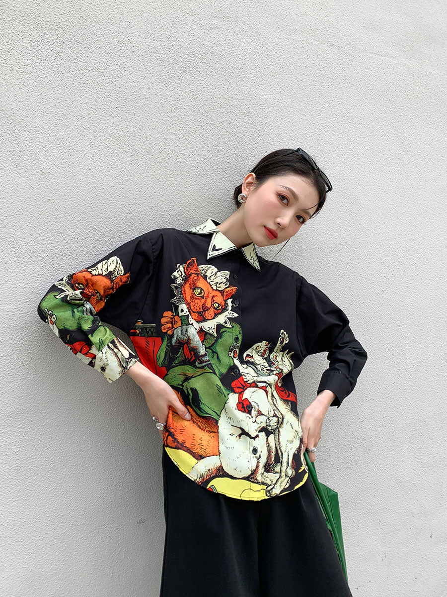 CHEERART Designer Black Long Sleeve Button Up Shirt Women Print High Fashion 2021 Collared Summer Top And Blouse Aesthetic Shirt