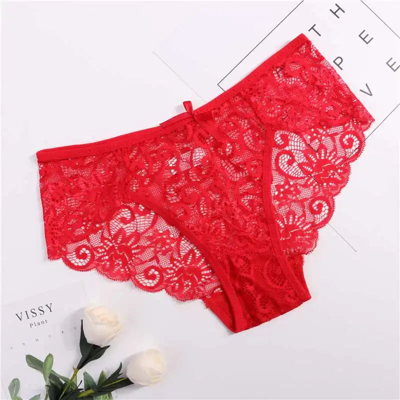 Women's Sexy Lace Panties With Big Size S-XL 5 Colors High-Crotch Transparent Floral Bow Soft Briefs Underwear Lingerie