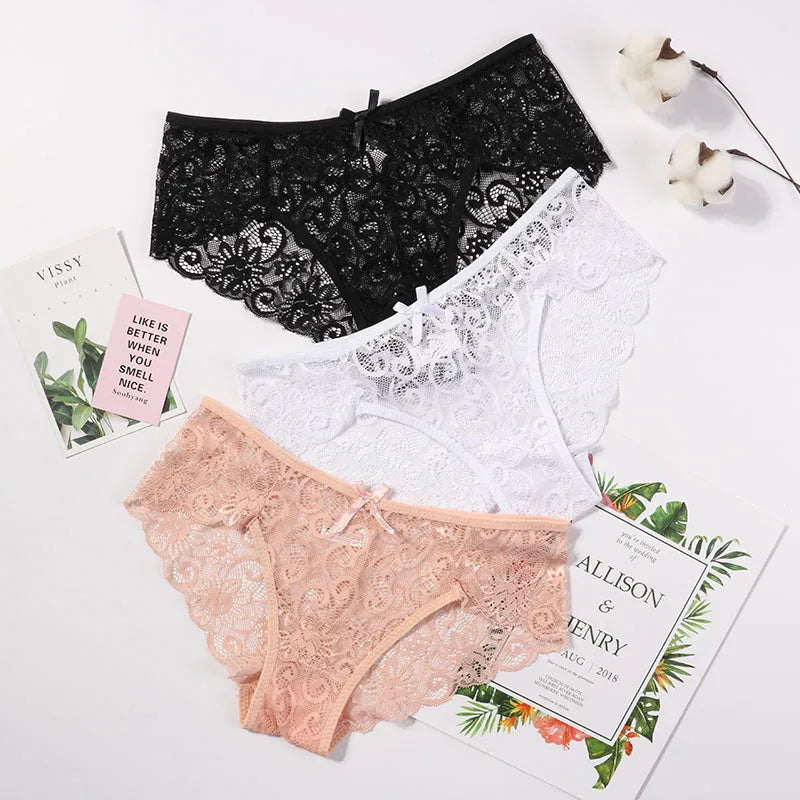 Women's Sexy Lace Panties With Big Size S-XL 5 Colors High-Crotch Transparent Floral Bow Soft Briefs Underwear Lingerie