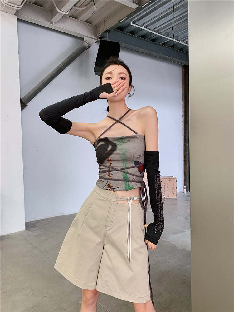 CHEERART Bandage Halter Neck Top Bodycon Backless Strapless Corset Top Women Summer 2021 Print Brown Tube Top Korean Fashion