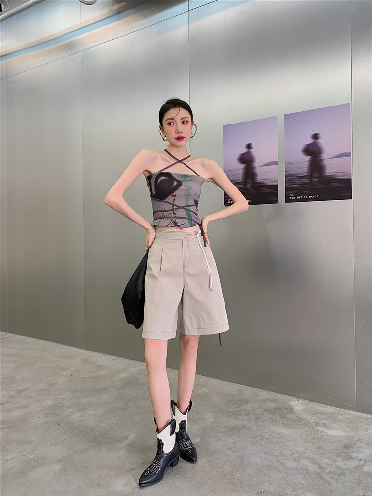 CHEERART Bandage Halter Neck Top Bodycon Backless Strapless Corset Top Women Summer 2021 Print Brown Tube Top Korean Fashion