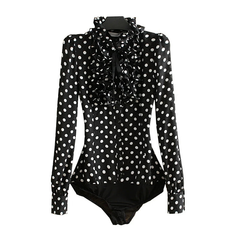 Fashion Polka Dot Print Bodysuit Women Black Body Shirt Long Sleeve Blouses Female Korean Ruffles Jumpsuits Romper Tops 2025 New