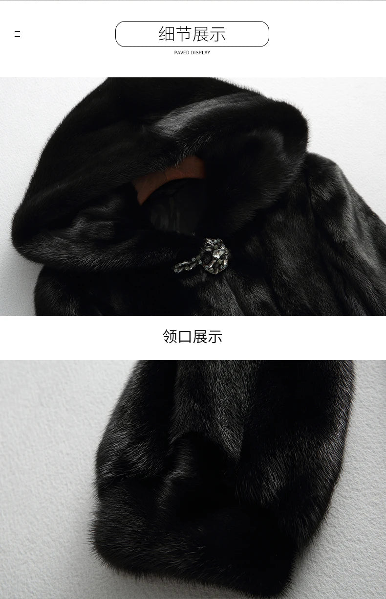 Lautaro Winter Luxury Long Black Faux Mink Fur Coat Women with Hood Long Sleeve Elegant Thick Warm Fluffy Furry Jacket 6xl 7xl