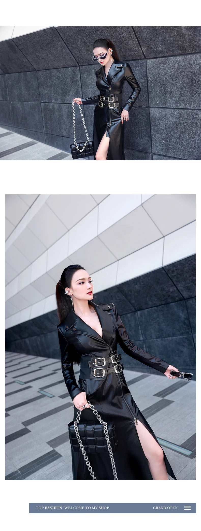 Lautaro Spring black maxi leather dress women long sleeve zipper corset Long tight dress Faux Leather dresses for women 2022