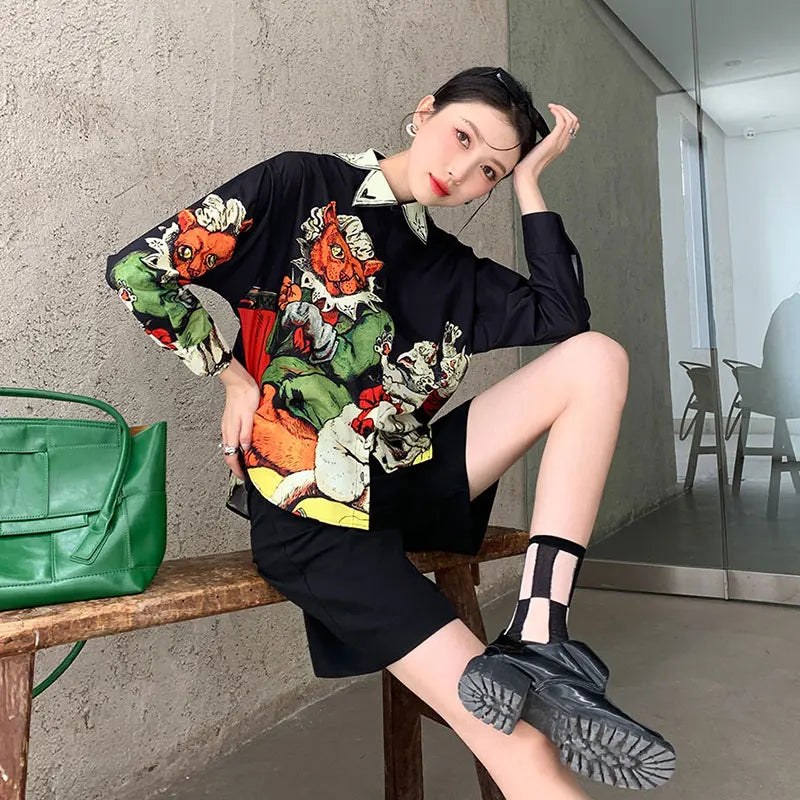 CHEERART Designer Black Long Sleeve Button Up Shirt Women Print High Fashion 2021 Collared Summer Top And Blouse Aesthetic Shirt