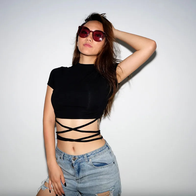 2025 Summer Women Black Short T-Shirts Sexy Crop Tops Short Sleeve Bandage Tee Tops Female Shirts