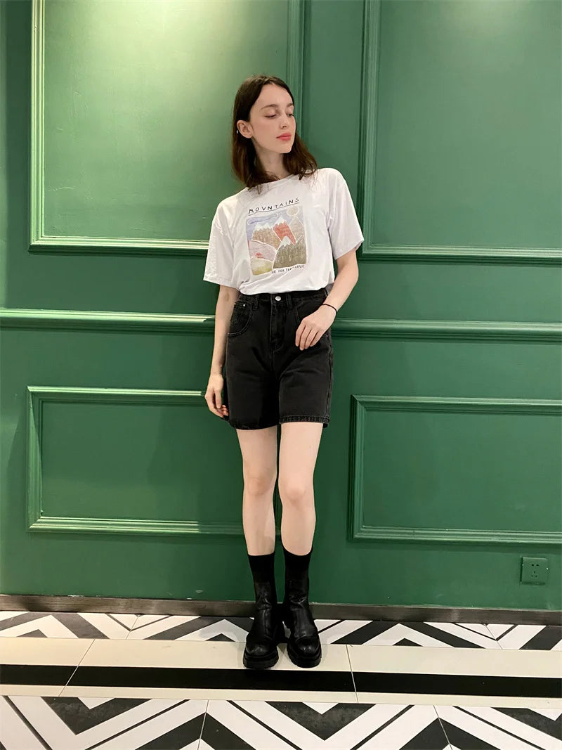 2025 Summer Women's High Waist Denim Shorts Casual Loose Ladies Plus Size Streetwear Fashion Button Wide Leg Short Jeans Female