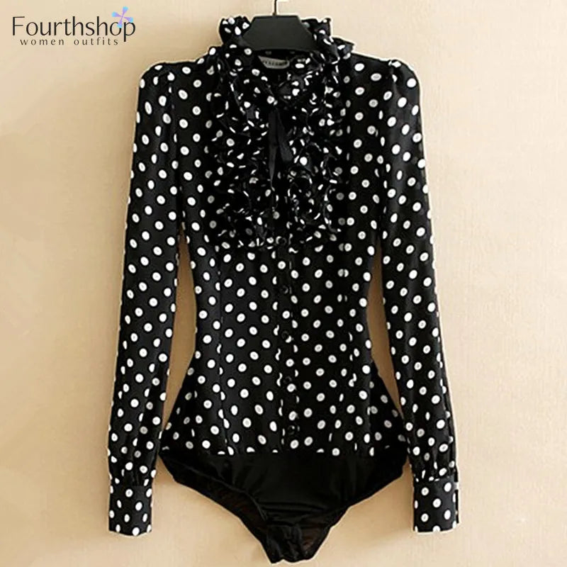 Fashion Polka Dot Print Bodysuit Women Black Body Shirt Long Sleeve Blouses Female Korean Ruffles Jumpsuits Romper Tops 2025 New