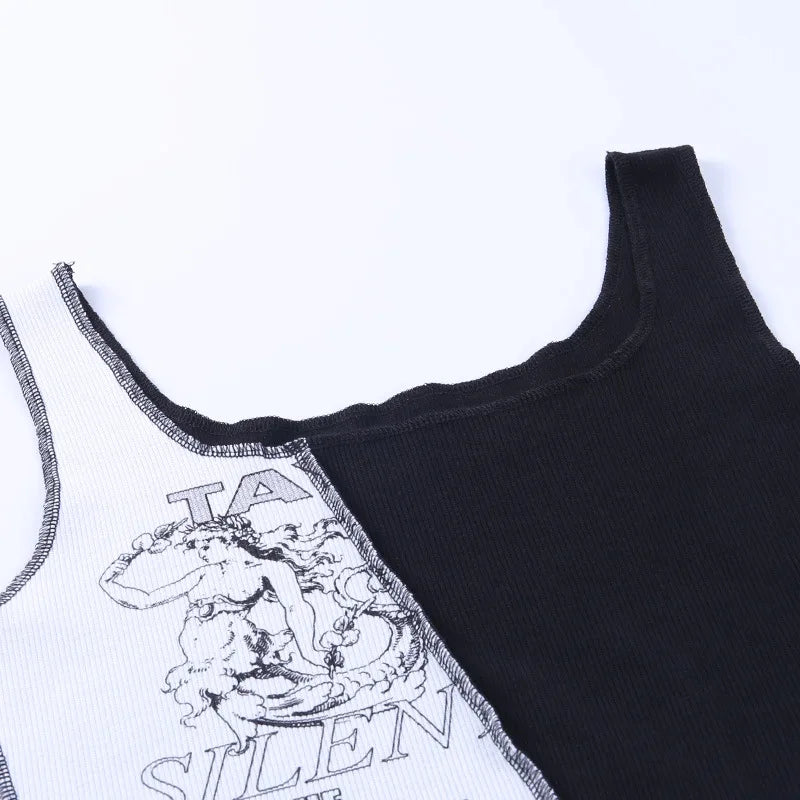 Punk Style Patchwork Tank Tops Aesthetic Letter And Graphic Print Women Crop Top Color Blocking Sleeveless Streetwear