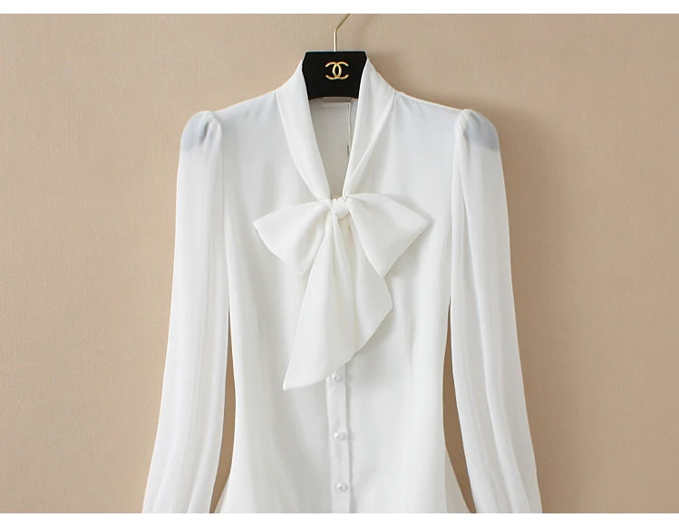 2025 Elegant Chiffon Bodysuit Women Lantern Long Sleeve Bow Tie Neck Office Work Lady Tops and Blouses Female Formal Body Shirt