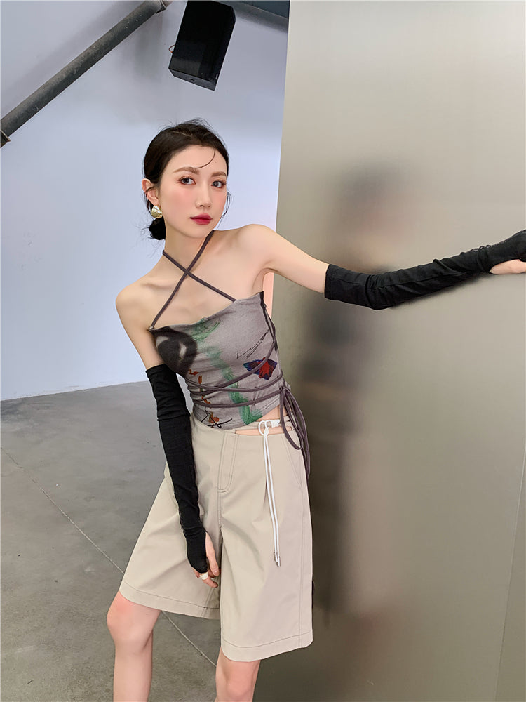 CHEERART Bandage Halter Neck Top Bodycon Backless Strapless Corset Top Women Summer 2021 Print Brown Tube Top Korean Fashion