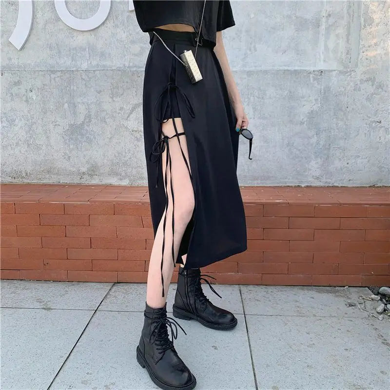 Vintage Dark Gothic High Split Mid-Calf Skirts Women Elegant Fashion Party Club High Waist Femme Bottom Streetwear Goth Skirt