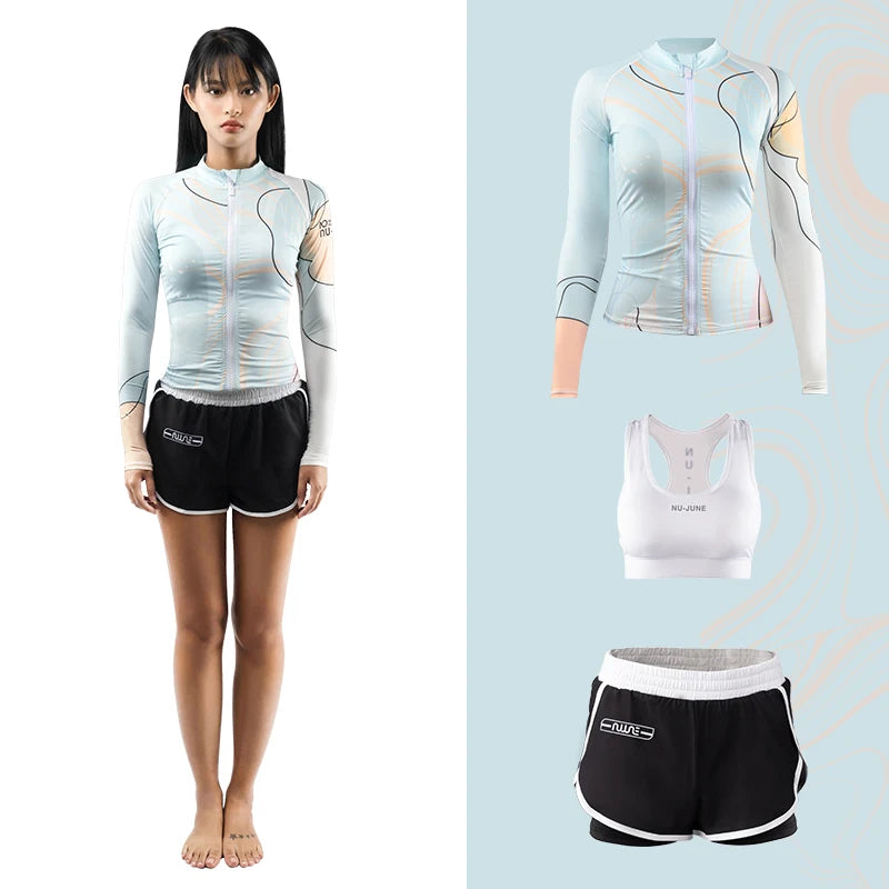 Nu-June Rash Guard Women's Long Sleeve Zipper Surfing Suit, Sun Protection, Quick Dry Bathing Suit, Front Zipper Swimsuit