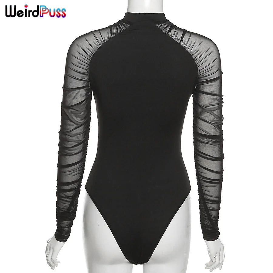 Weird Puss 2025 Mesh Patchwork Bodysuit Sexy Women Sleeve Ruched Skinny Turtleneck Bodycon Elegant Wild Tops Streetwear Outfits
