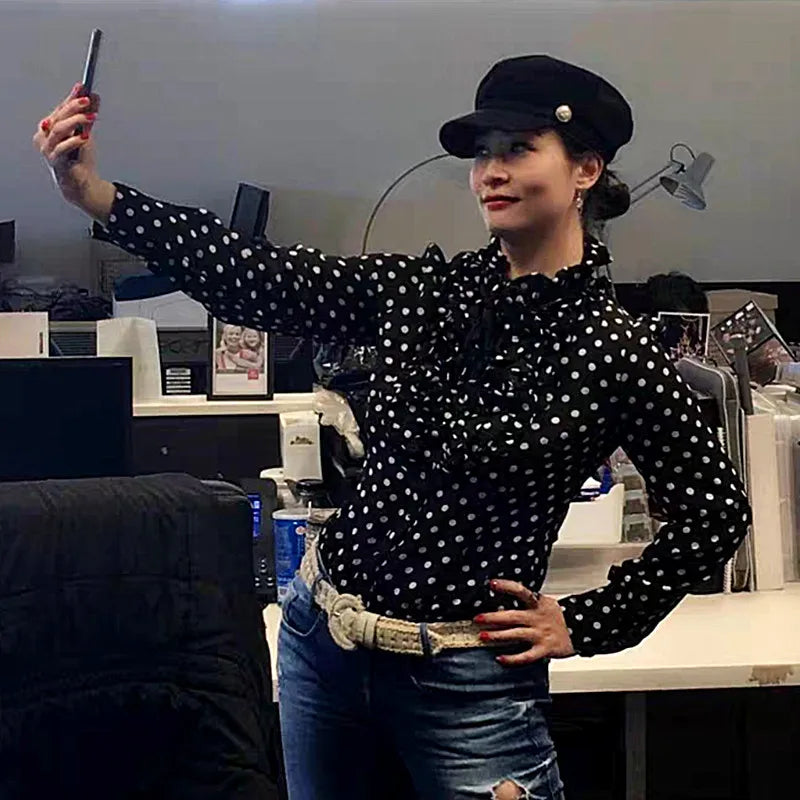 Fashion Polka Dot Print Bodysuit Women Black Body Shirt Long Sleeve Blouses Female Korean Ruffles Jumpsuits Romper Tops 2025 New