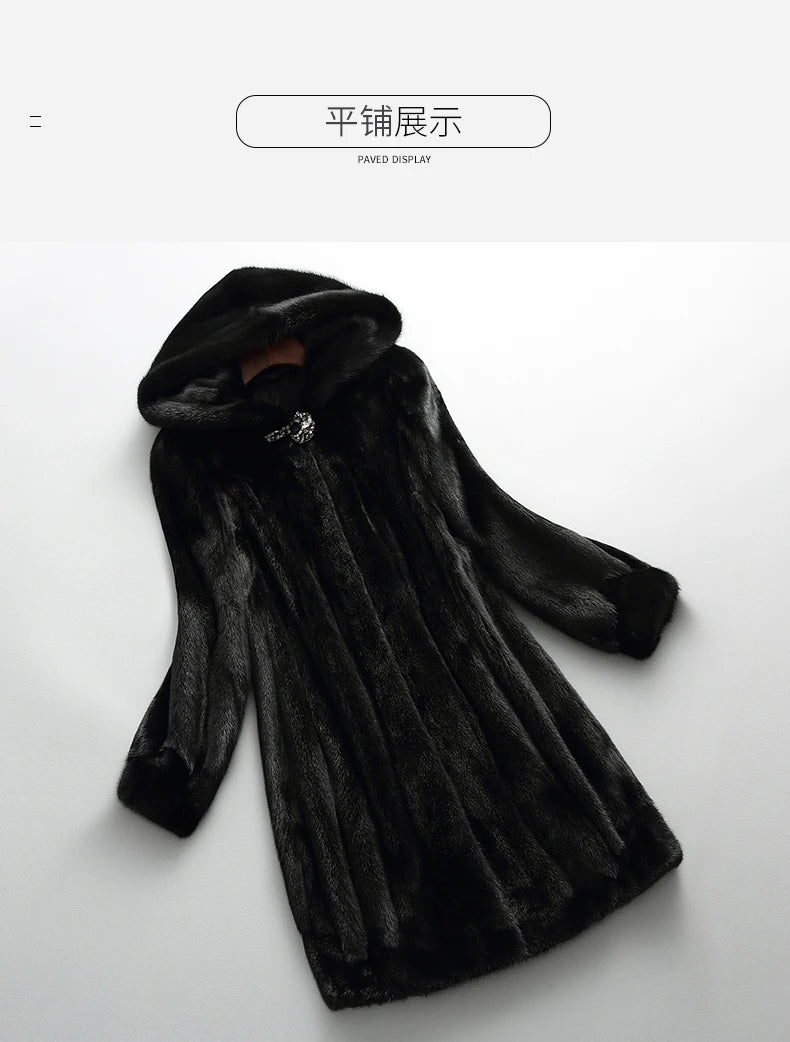 Lautaro Winter Luxury Long Black Faux Mink Fur Coat Women with Hood Long Sleeve Elegant Thick Warm Fluffy Furry Jacket 6xl 7xl