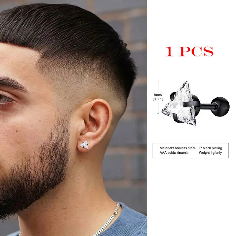 Men Stud Earring,Triangle Pierced Crystal Zircon Stud Earrings,Stainless Steel Tiny Minimalist Studs for Mens Women Jewelry