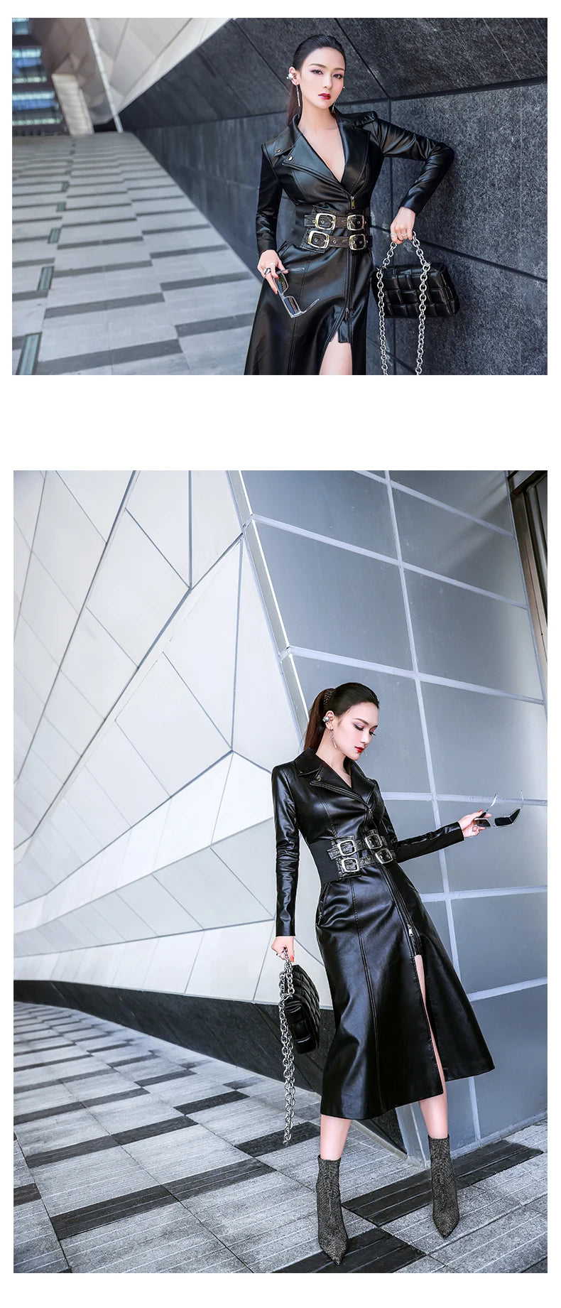 Lautaro Spring black maxi leather dress women long sleeve zipper corset Long tight dress Faux Leather dresses for women 2022