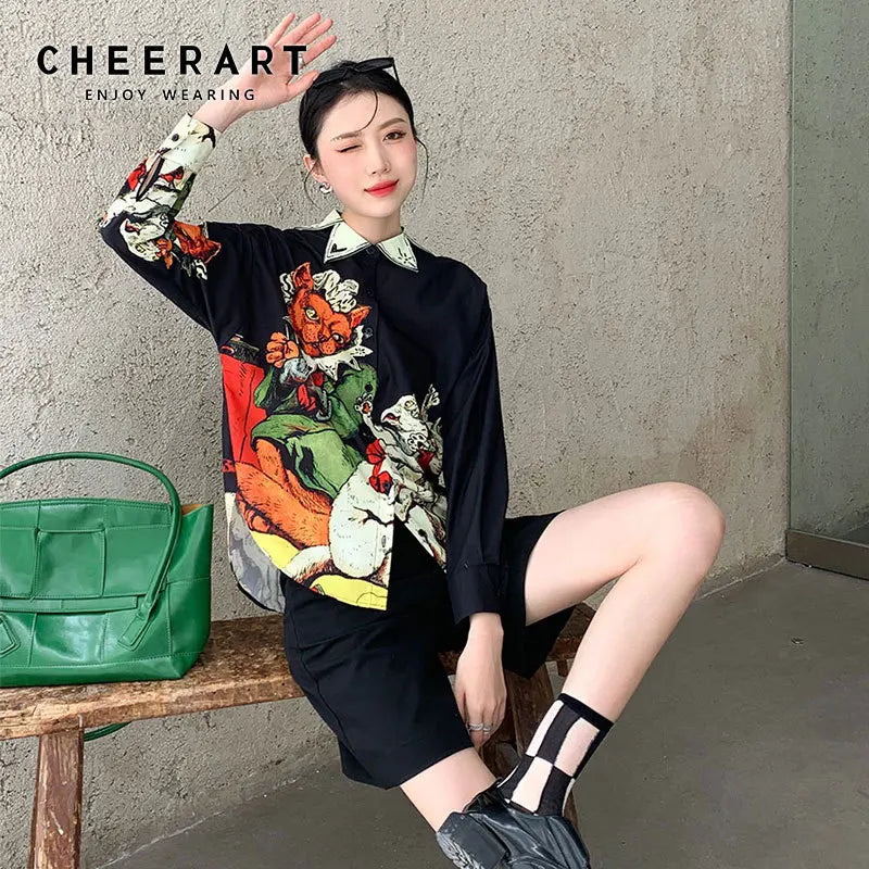 CHEERART Designer Black Long Sleeve Button Up Shirt Women Print High Fashion 2021 Collared Summer Top And Blouse Aesthetic Shirt