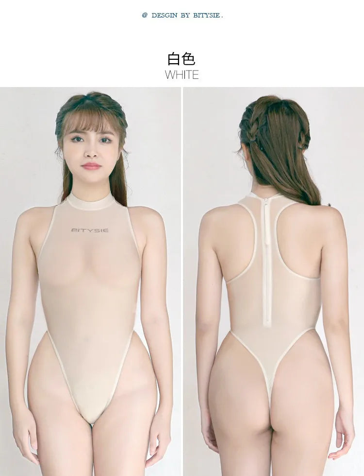 Bitysie T-Shaped No Sleeve One Piece Swimsuit Transparent In Water High Leg Cut Leotard Sexual Women Spa Suit Skin Fabric