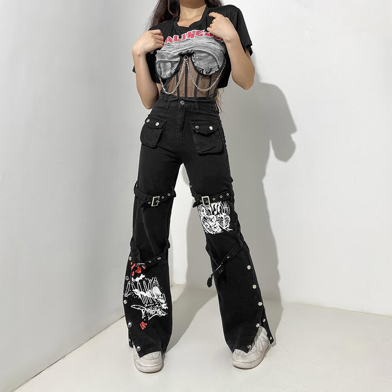 E-girl Gothic Black Cargo Pants Capri Women Low Waist Jeans Long Trousers Y2K Grunge Vintage Hip Hop Punk Harajuku Streetwear