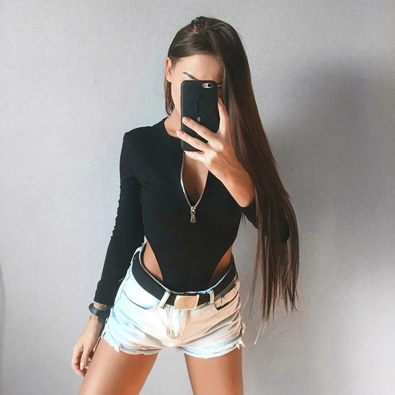 Women Long Sleeve Bodysuits Zip Up Thong Leotard Body Top Summer Fall Sexy Bodysuit Shirts Clubwear