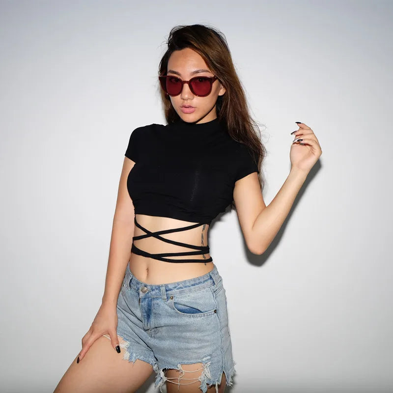 2025 Summer Women Black Short T-Shirts Sexy Crop Tops Short Sleeve Bandage Tee Tops Female Shirts