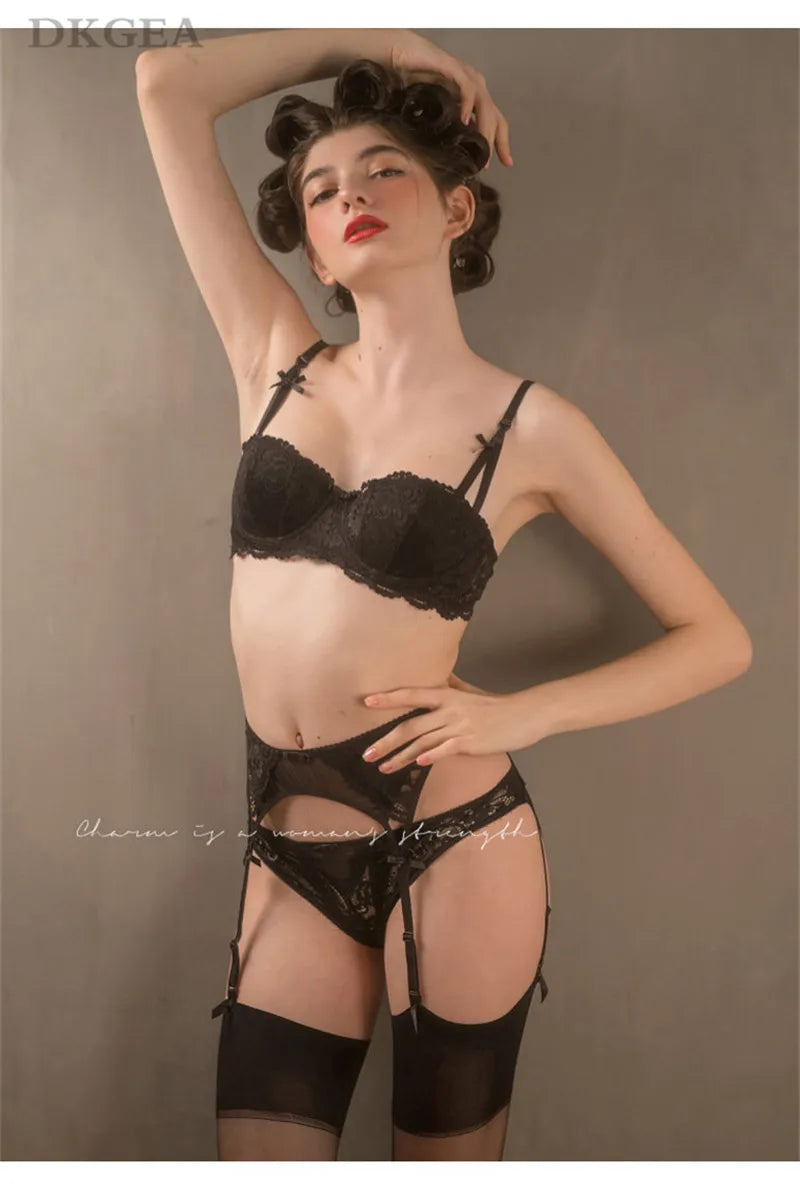 White Bras Push-Up Women Lingerie Set Cotton Brassiere Embroidery Lace Bra Set 3 Piece Bra+Panties+Garter Sexy Underwear Set